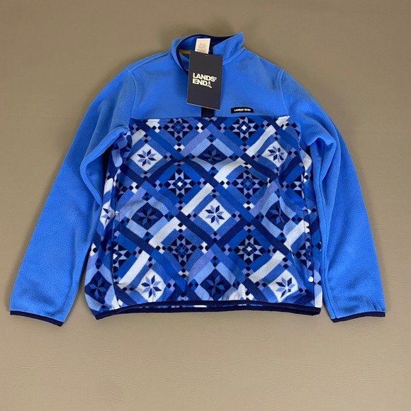 Lands' End‎ Fleece Pullover Sweater Quilt Fair Isle Size Small Blue New NWT - Picture 1 of 15
